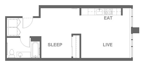 Floor plan for 1 bed, 1 bath, 562 sqft
